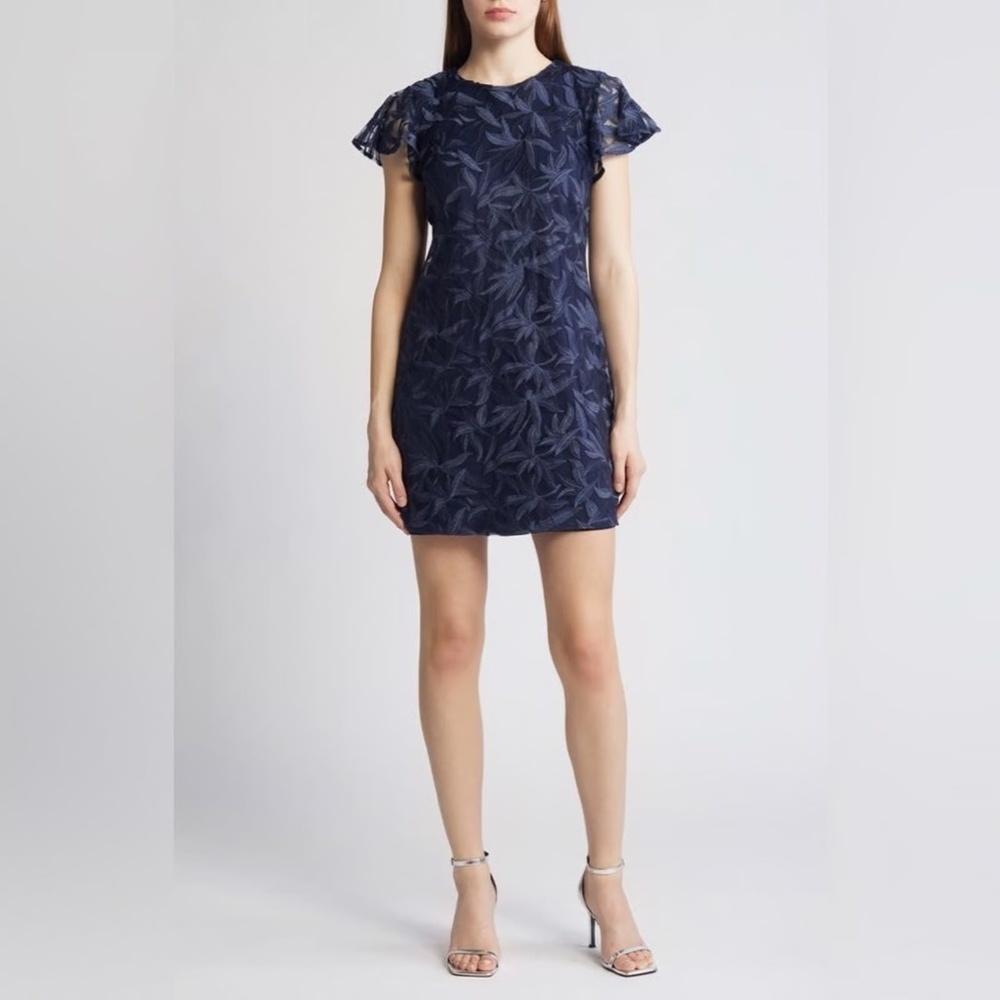 NWT Sam Edelman Leafy Embroidered Sheath Dress in Navy Blue SIZE 6 formal party